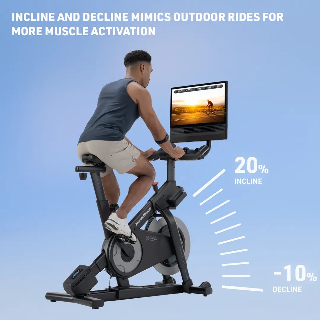 NordicTrack X24 Studio Bike with 20% to -10% gradient and Pivoting 24" Touchscreen.