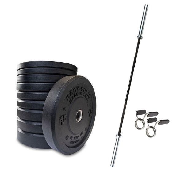 Body-Solid Premium Bumper Plates OBPH With Black Olympic Bar Set